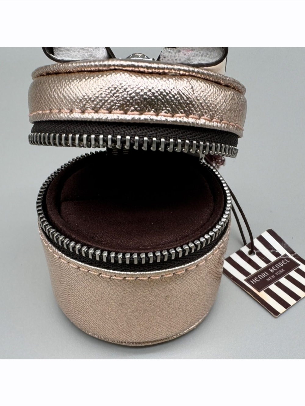 Henri Bendel Mini Ring Box Metallic Rose Gold Jewelry Case Striped Zip NWT - Picture 6 of 8